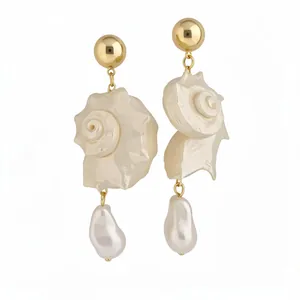 Elegant seashell and baroque pearl drop earrings with a golden finish for vacation