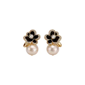 14k gold plated flower stud earrings with sparkling zircon and white pearls for women