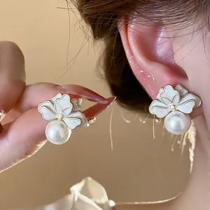 French Enamel Flower Stud Earrings With 925 Sterling Silver Post Artificial Pearl Drop Earrings High End Jewelry For Women