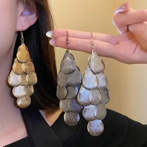 Vintage Matte Metal Teardrop Tassel Drop Earrings For Women Elegant Geometric Leaf Layered Earrings Fashion Jewelry With Silver Post