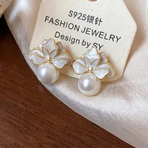 Elegant French style enamel flower stud earrings with pearl drop and S925 silver needle