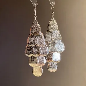 Silver glitter teardrop fringe drop earrings with elegant vintage metallic scales