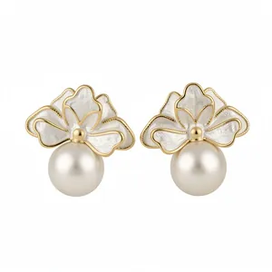 Elegant French style flower pearl stud earrings with gold-tone enamel detail