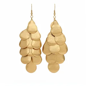 Elegant matte gold water-drop tassel earrings with vintage layered scale design.