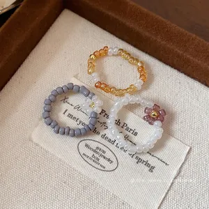 Vintage handmade glass seed bead flower elastic rings set for elegant daily wear