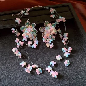 Iridescent Gradient Flower Jewelry Set Acrylic Floral Pendant Necklace And Drop Earrings With Silver Earring Post For Women Fashion Elegant Accessories