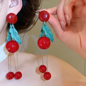 Sweet Red Cherry Tassel Dangle Earrings For Women Fashion Resin Green Leaf Long Metal Chain Jewelry Silver Earring Post