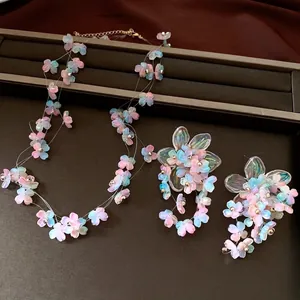 Elegant handmade pastel acrylic flower necklace and dangling earrings jewelry set for women
