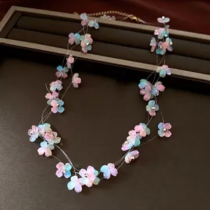 Elegant acrylic flower pendant necklace with multi-layer transparent thread