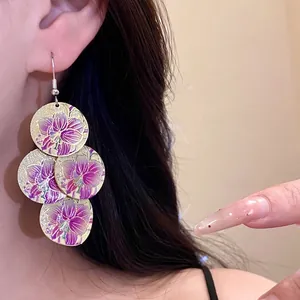 Elegant floral drop earrings with gold dripping oil charms and purple flower prints