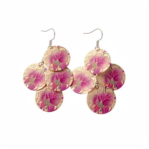 Bohemian style drop earrings with multiple floral print golden discs and ear hooks