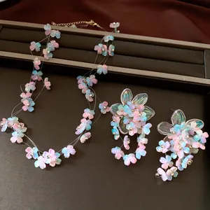 Detailed view of the iridescent acrylic floral necklace and earring jewelry set.
