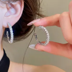 Minimalist C Shaped Hoop Earrings For Women Copper Inlaid Sparkling Zirconia Silver Earring Post Elegant Trendy Jewelry Accessory