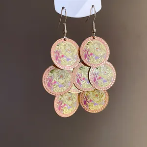 Detailed view of geometric oil-drop earrings with elegant floral print patterns
