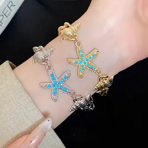 European American Conch Starfish Chain Bracelet Fashion Light Luxury Alloy Sea Snail Pendants Blue Beads Bracelet For Women Jewelry Gift