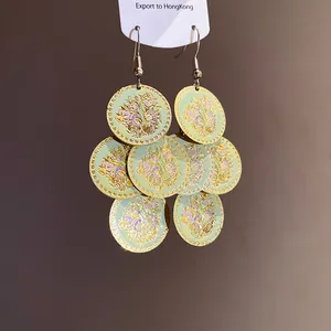 Detailed view of oversized floral printed oil drip earrings with intricate golden patterns
