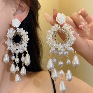 French Vintage Resin Flower Teardrop Earrings With 925 Sterling Silver Post Artificial Pearl Tassel Drop Earrings Women
