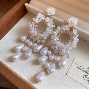 French vintage white resin flower earrings with elegant white pearl teardrop tassels