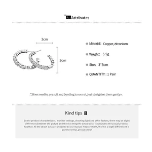 Elegant silver C-shaped hoop earrings with sparkling zircons, 3cm minimalist jewelry