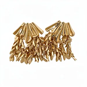 Elegant gold wheat leaf tassel earrings featuring a statement shell-shaped stud design