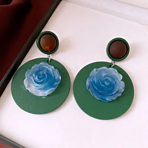 Vintage Resin Flower Stud Earrings For Women 925 Sterling Silver Post Ethnic Style Round Green Blue Floral Earrings Jewelry