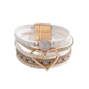 Stylish white leather multi-layer bracelet with heart charm and magnetic clasp