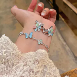 Cat Eye Stone Double Layer Flower Stud Earrings Zirconia 925 Silver Post Elegant Butterfly Bracelet Jewelry Set For Women
