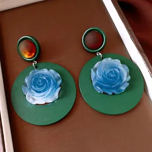 Vintage green resin round earrings with blue rose design and S925 silver needles