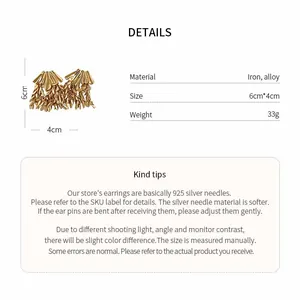 Detailed specifications for gold wheat leaf tassel earrings with 925 silver needles