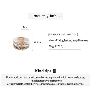 Detail showing multi-layer heart leather bracelet measurements and material information