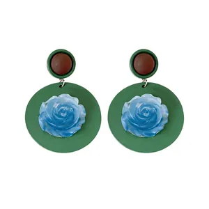 Vintage resin rose circular stud earrings with silver needles, elegant floral design