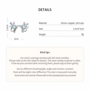 Detail view showing specifications for zircon cat's eye flower earrings 925 silver