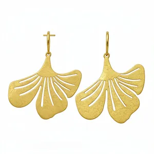 Elegant gold-plated ginkgo leaf dangle earrings with a textured matte finish for women.