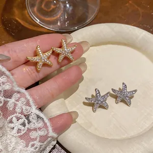 Luxury Copper Starfish Stud Earrings With Zirconia Inlaid And 925 Sterling Silver Earring Post Korean Style Women Jewelry