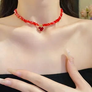 Fashion Glass Beaded Heart Pendant Necklace Elegant Red Crystal Beaded Clavicle Chain Jewelry For Women Party Gift