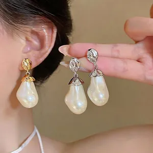 French Vintage Baroque Artificial Pearl Drop Earrings With 925 Sterling Silver Post Gold Silver Wrinkled Oval Metal Earrings