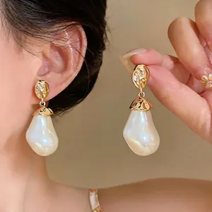 Elegant gold irregular metal and large baroque pearl drop earrings for women jewelry