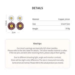 Detailed view of flower-shaped copper earrings with zircons and product specifications