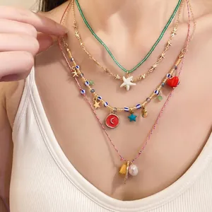 Starfish Heart Artificial Pearl Pendant Necklaces Vintage Bohemian Vacation Style Gold Plated Glass Bead Rope Chain Necklaces For Women Jewelry Gift