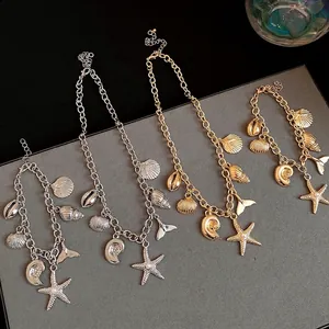 Iron Artificial Pearl Sea Shell Starfish Pendant Necklace Bracelet Set Resort Fashion Jewelry For Women Vacation Daily