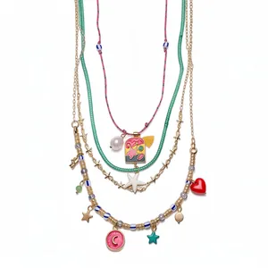 Vintage bohemian layered necklace set with starfish, heart and pearl charms for women
