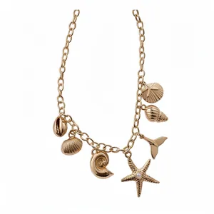 Elegant gold ocean themed necklace with starfish shell pearl charms holiday style for women