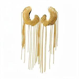 Elegant gold C-shape tassel earrings with long fringe chains and ribbed texture