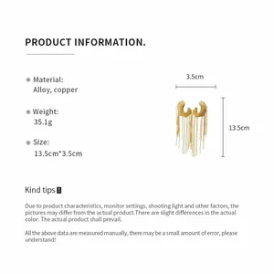 Detailed product specification for C-shape gold fringe tassel earrings with dimensions
