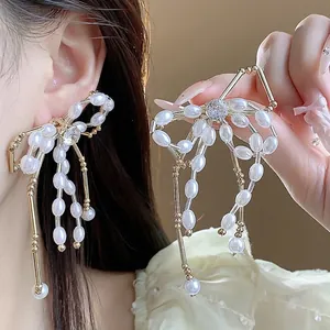 Bowknot Artificial Pearl Tassel Drop Earrings For Women Elegant Gold Plated Zirconia Earrings With 925 Sterling Silver Post
