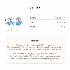 Detailed size and material specifications for ginkgo leaf earrings with blue enamel