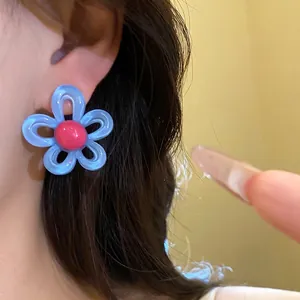 Sweet light blue resin flower stud earrings with pink center and silver needle for women