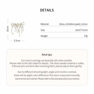 Detailed specifications of bow earrings featuring imitation pearls and zircons for women