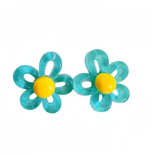 Sweet resin flower stud earrings in teal and yellow with silver needles for women