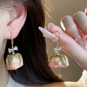 Zirconia Bow Knot Preserved Rose Flower Ear Hook Earrings Sweet Elegant Copper Jewelry With 925 Sterling Silver Post For Women Floral Drop Earrings